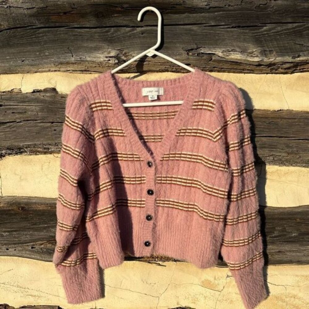 Lost Ink Fuzzy Pink Striped Cardigan Sweater
